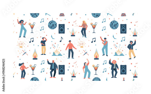 revelry patterns seamless pattern, repeating pattern, surface design, textile print, modern illustration of club-goers, dancing people, cocktails, disco balls,
