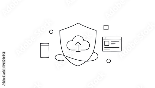 Cloud Security Shield with Upload Arrow and Data Icons.