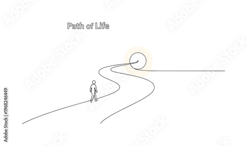 Path of Life. Minimalistic one-line drawing winding road with person walking and sun or light ahead, continuous single black line on white background, simple
