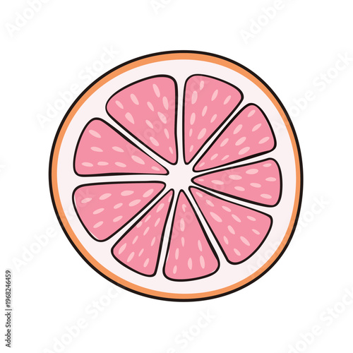 A vibrant cartoon slice of a pink grapefruit with visible segments and a subtle peel texture