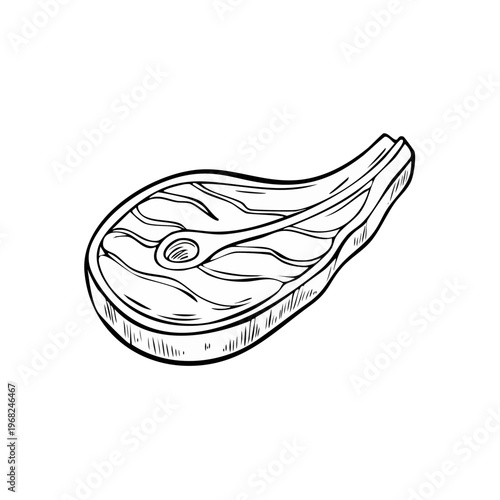Hand-drawn sketch of a raw beef steak with bone and marbling detail