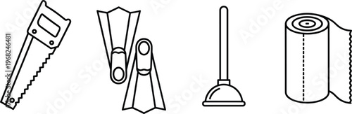 Household Tools Icon Set Saw Clothespin Plunger Toilet Paper Line Vector Illustration