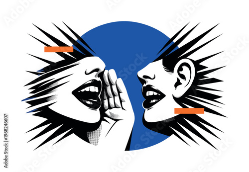 High-contrast black and white close-up of two overlapping whispering mouths facing each other, duplicated offset layers creating motion echo effect, large