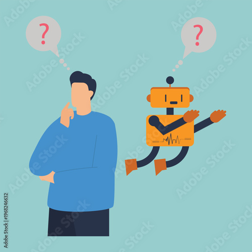 Human and Robot in Thought: A thoughtful human and a lively robot are each immersed in their own thoughts, as indicated by question mark speech bubbles.