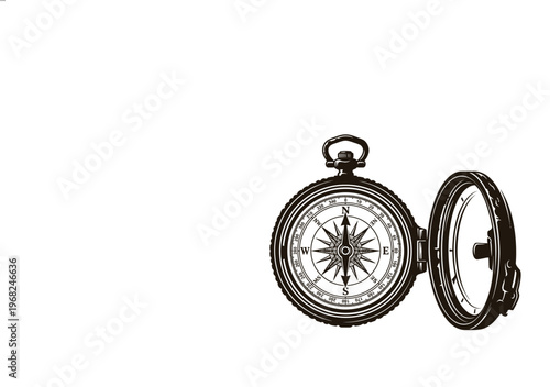 Vintage open pocket compass with white face and black details navigation orientation