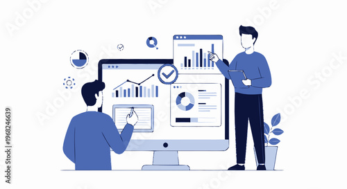 Business professionals analyzing data on a large computer screen for insights.