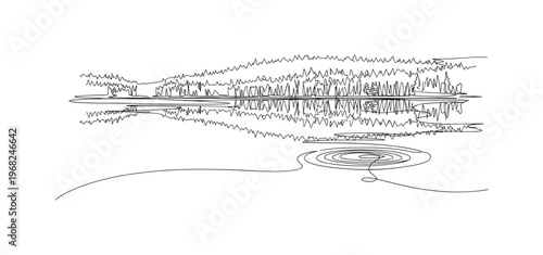 Peaceful Waters. Minimalistic one-line drawing still lake with forest and gentle ripples, continuous single black line on white background, simple outline