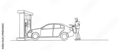 Fuel Station Visit. Minimalistic one-line drawing car parked near pump with person refueling, continuous single black line on white background, simple outline