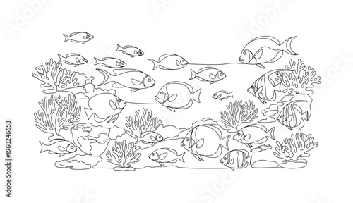 Tropical Reef Life. Minimalistic one-line drawing multiple fish species among corals, continuous single black line on white background, simple outline style,