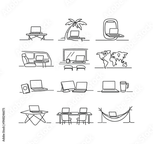 Digital Nomad Setup. Minimalistic set one-line drawing [laptop on beach table, palm tree and laptop, airplane window with laptop, camper van workspace, cafe