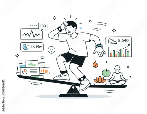 Wearable data overload. A person wearing smart devices while staring at fluctuating graphs, loss of balance between data and well-being, soft editorial chaos