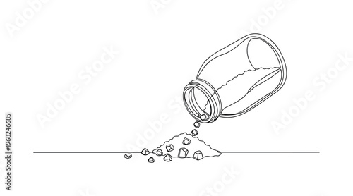 Salt on Table. Minimalistic one-line drawing grains of salt scattered from container, continuous single black line on white background, simple outline style,