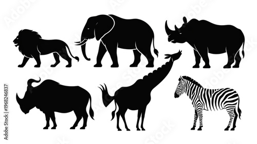 Silhouettes of various african and asian wild ungulates in black and white Vector
