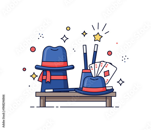 Stage props magician's props scene where hats, wands, and cards are displayed on a small table while small sparkle and star icons emphasize performance,
