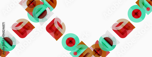 Abstract geometric shapes repeat diagonally. Colors include red, green, blue, orange. Minimalist design with overlapping elements.