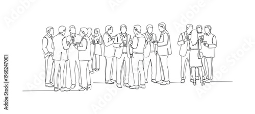 Social Mixer. Minimalistic one-line drawing people standing with drinks and small plates in festive atmosphere, continuous single black line on white