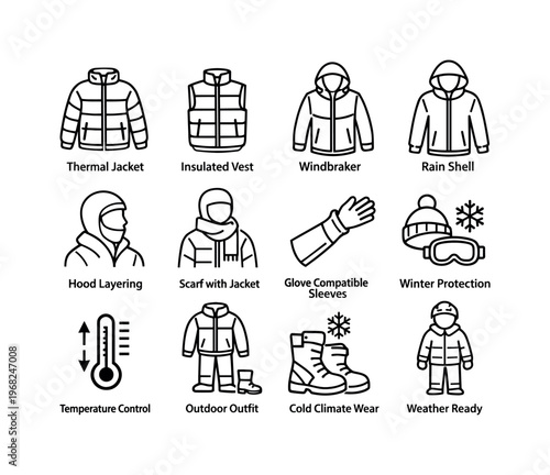 Cold Weather Layering. Line icon set of Cold Weather Layering: thermal jacket, insulated vest, windbreaker, rain shell, hood layering, scarf with jacket, glove