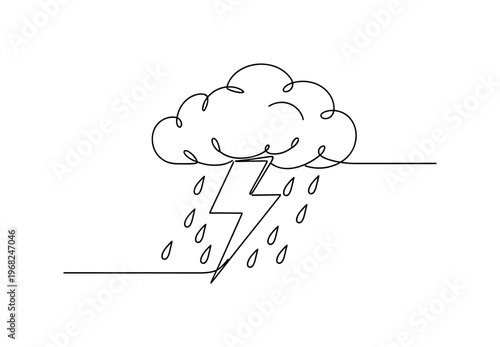 Thunder and Rain. Minimalistic one-line drawing lightning bolt striking from cloud with rain falling, continuous single black line on white background, simple