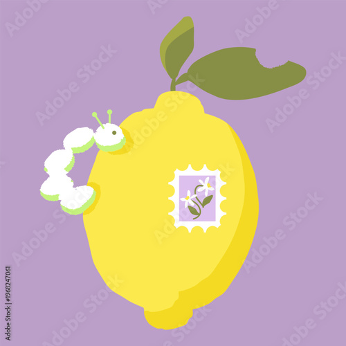 A cute illustration featuring a yellow lemon and a caterpillar, Hand Drawing Kids Style Clipart