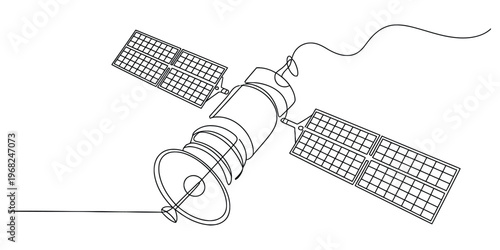 Minimalist Line Art Vector Illustration of an Orbiting Satellite