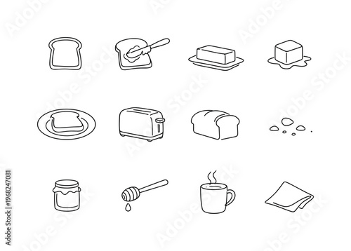 Butter on Toast Breakfast Moment. Minimalistic set one-line drawing [slice of toast, butter knife spreading butter, butter stick on dish, melting butter cube,