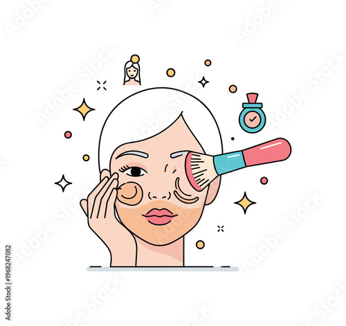 Foundation makeup tutorial concept where a model applies foundation with a brush while tiny sparkle and star icons emphasize smooth skin, beauty routine, and