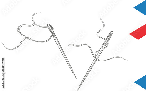 Sewing Needles with Thread Line Art Hand Sewing Needlework Vector Illustration