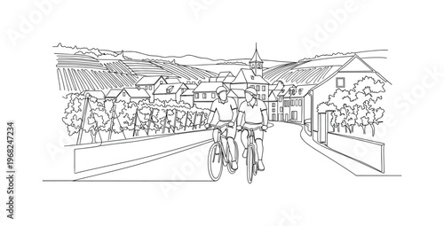 Village Cycling Scene. Minimalistic one-line drawing couple bicycling along scenic European village streets with vineyards, continuous single black line on
