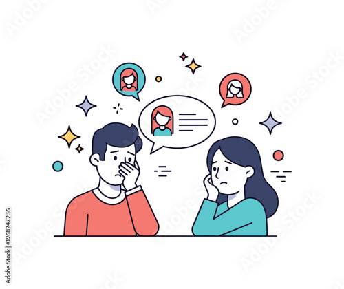 Emotional risks group interaction scene where a person hesitates to share thoughts in a discussion while small sparkle and line icons emphasize vulnerability,