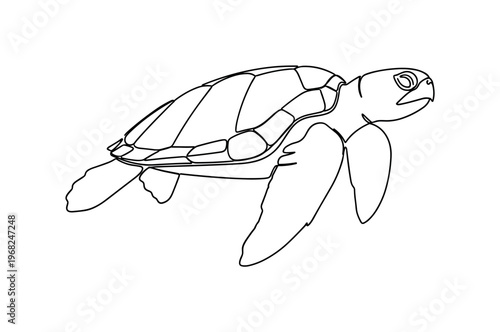 Sea Turtle. Minimalistic one-line drawing sea turtle swimming gracefully with flippers extended, continuous single black line on white background, simple