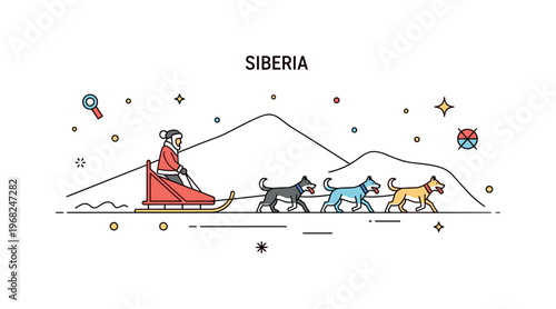 Siberia dog sledding scene where a sled team pulls through snowy terrain while tiny sparkle and star icons highlight adventure, tradition, and endurance. The