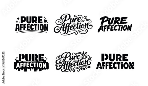 Pure Affection. Set lettering. harmonious lettering variations of the same emblematic concept, each with different artistic interpretation (Blocky sans-serif