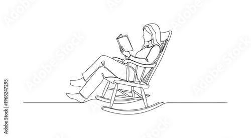 Indoor Relaxation. Minimalistic one-line drawing person reading in wooden rocking chair, continuous single black line on white background, simple outline