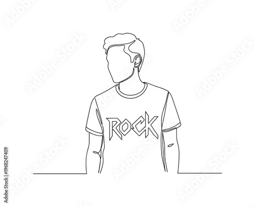 Rock Band Tee Scene. Minimalistic one-line drawing person wearing t-shirt with band logo, continuous single black line on white background, simple outline