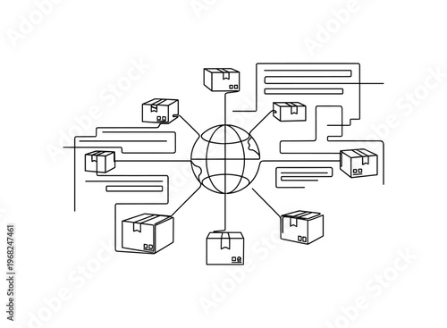 E-Commerce Worldwide. Minimalistic one-line drawing online shopping platform with globe and packages, continuous single black line on white background, simple