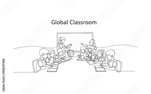Global Classroom. Minimalistic one-line drawing children from different countries studying together, continuous single black line on white background, simple