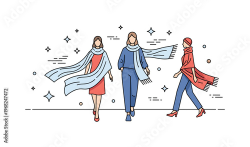 Scarves and shawls runway fashion scene where models showcase flowing shawls and scarves while small sparkle and line icons emphasize motion, elegance, and