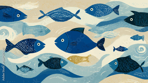 Vibrant illustration of fish swimming in wavy lines on a surface with glitchy effect and neon contours