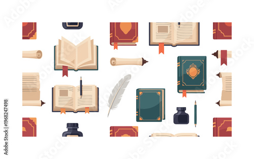 book motifs seamless pattern, repeating pattern, surface design, textile print, modern illustration of vintage books, open pages, quills, ink bottles, scrolls,