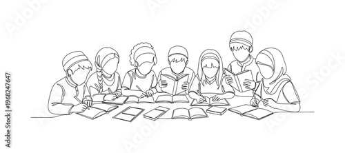 Inclusive Education. Minimalistic one-line drawing children from various cultures studying together, continuous single black line on white background, simple