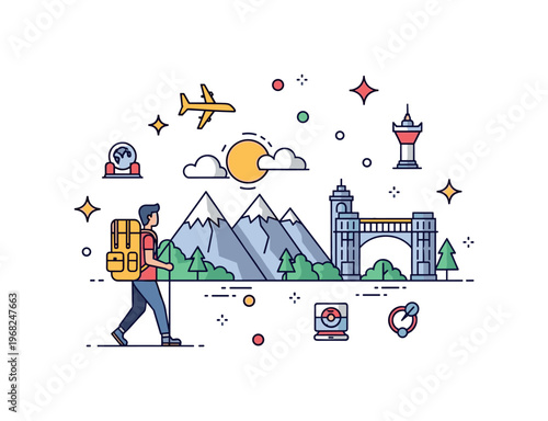 Travel scenic journey concept where a backpacker walks toward mountains and landmarks while small sparkle and line icons emphasize exploration, adventure, and