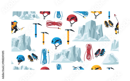 winter climbing patterns seamless pattern, repeating pattern, surface design, textile print, modern illustration of climbers, ice axes, crampons, glaciers,