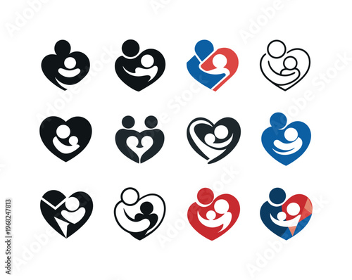 parent-child connection. Icon set. Set Logo of parent-child connection: heart embrace figures. harmonious logo variations of the same emblematic concept, each