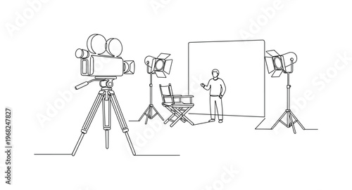 Film Shoot. Minimalistic one-line drawing camera on tripod capturing scene with lights, continuous single black line on white background, simple outline style,