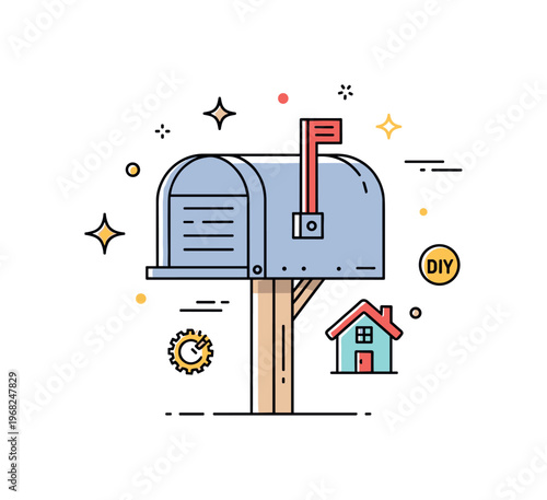Replacing the mailbox new installation celebration concept where a freshly installed mailbox is highlighted while small sparkle and line icons emphasize