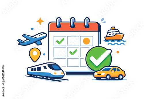 Smart travel planning shown through a calendar combined with transport icons and a checkmark, communicating thoughtful scheduling and confident