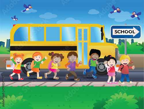 illustration of kids going to school riding a school bus