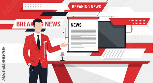 News Anchor Presenting Breaking News on Screen with Modern Studio Background