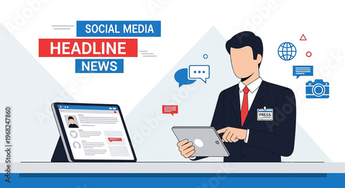 News Anchor Reporting Social Media Headlines from Tablet & Screen