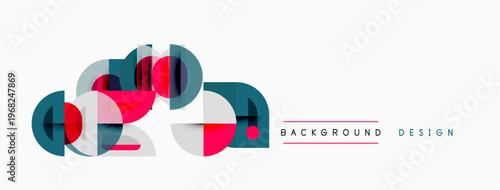 Abstract geometric shapes overlap, creating dynamic visual composition. Red, teal, purple hues dominate white background. Modern design element.